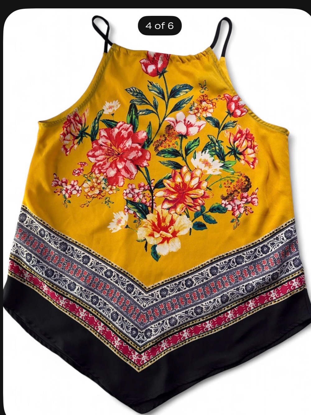 BCX Mustard Yellow Floral Handkerchief Hem Tank Top